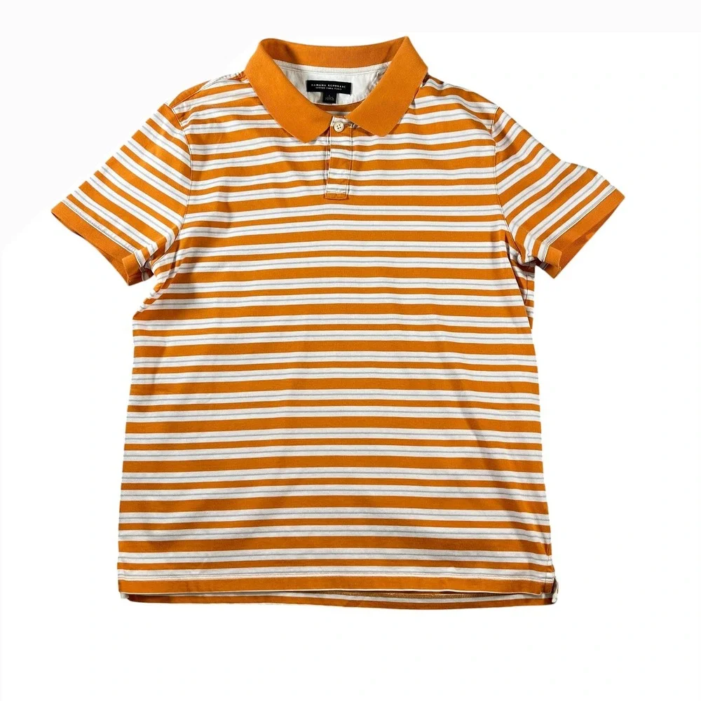Banana Republic Mens Fitted Pima Polo Shirt Large Orange White Striped Cotton